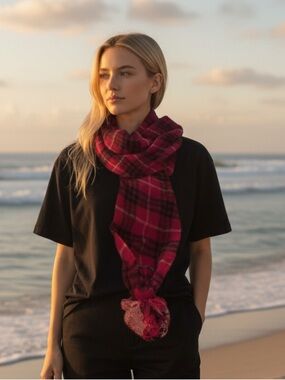 Burberry Pink and Black Plaid Lambswool Scarf with Pom-Pom’